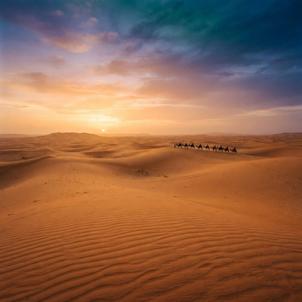 The Sahara Desert in Morocco glowing gold at sunset
